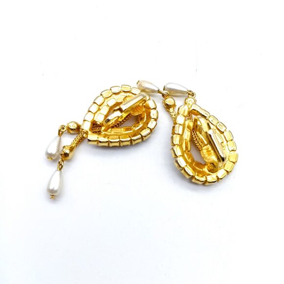 Crystal Earrings with Chain and Pearl Teardrop Dangles, Gold Tone Clip Ons - Picture 4 of 4